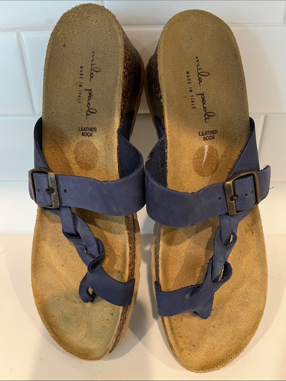 Mila Paoli Navy Braided Leather Buckle Sandals